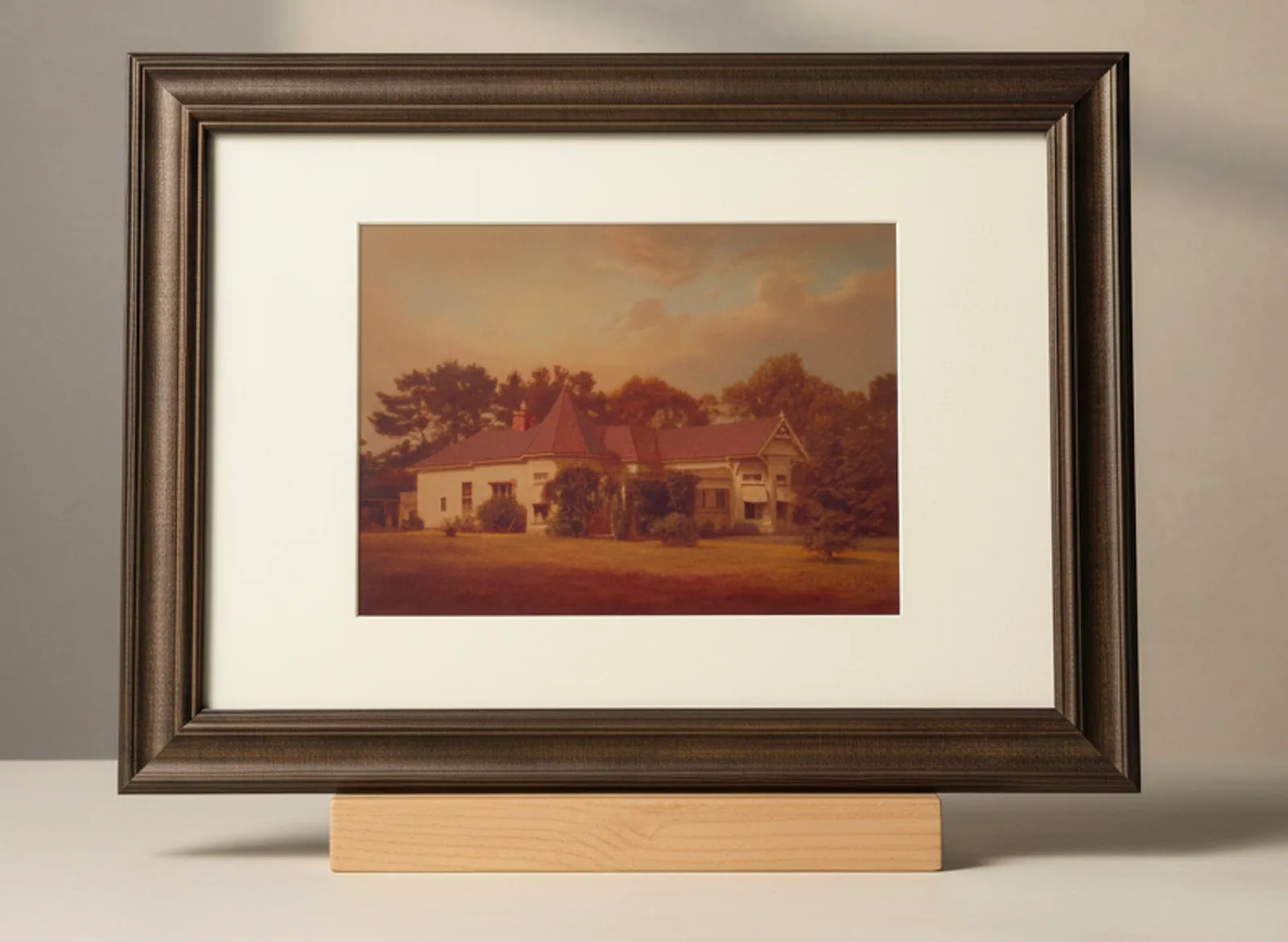 An Einkartframes E Ink frame in specially crafted solid pine with linen matting, displaying framed art on a matching pine stand